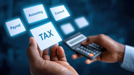 Person holding calculator and selecting virtual tax option, surrounded by payroll, accounting, and consult icons