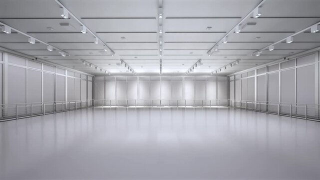3d rendering interior empty warehouse with pendant lamps 4k footage