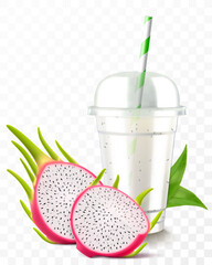 Clear plastic cup with dragon fruit juice or pitaya smoothie. Cup with sphere dome cap for milkshake, lemonade. Fruity organic shake with ice cube. Fruit cocktail. Realistic 3d vector template