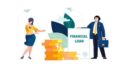 Business people. Financial loan, businessman with document letter and employee woman with gold dollar coins. Statistics, financial discussion, information, banking, analytics. Vector illustration