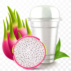 Clear plastic cup with dragon fruit juice or pitaya smoothie. Cup with sphere dome cap for milkshake, lemonade. Fruity organic shake with ice cube. Fruit cocktail. Realistic 3d vector template