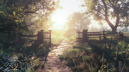 Rustic path through sunlit gate sunrise countryside