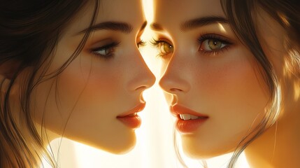 A serene woman with flawless skin, softly illuminated by golden morning light 