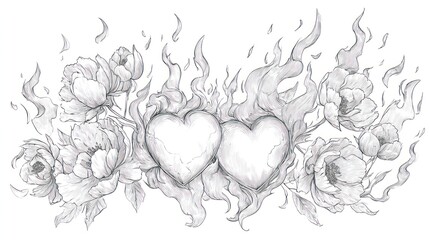 Grayscale hearts and flowers in flames