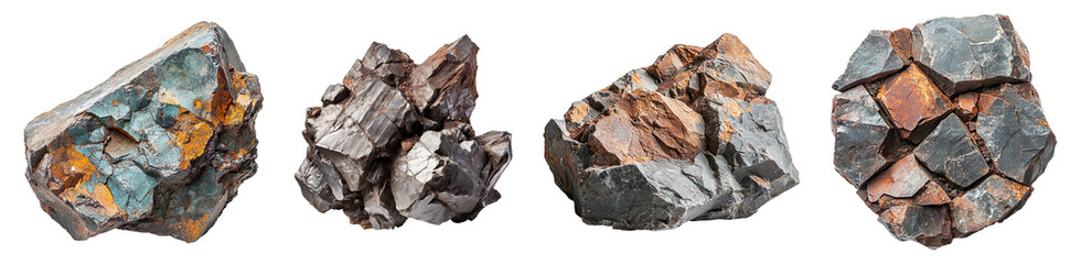 Collection of rough nickel ore samples, isolated on a transparent background
