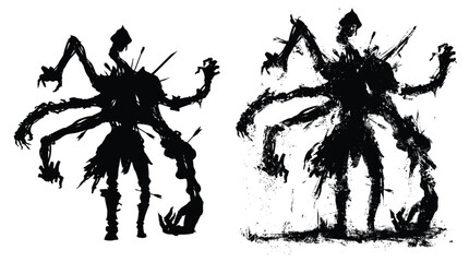 A nasty mutant zombie with lots of arms. He is a former soldier disfigured by magic, wounded by many arrows and spears, and continues to advance into battle without feeling pain. 2d blob art silhouett