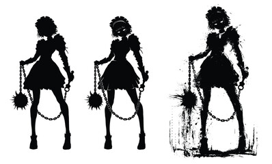 The sinister silhouette of a cute girl with a huge spiked mace on a chain. She is a maid and a bodyguard in a graceful pose ready to rush into battle. 2d sketch in ink with blots