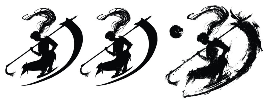 A black silhouette with a graceful ninja girl with a huge scythe squats. She's an oriental fighter with long hair. It is printed in the style of ink with blotches and blotches. 2d sketch art.