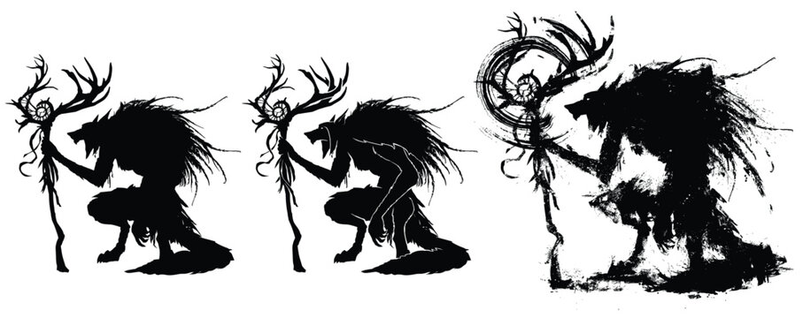The black silhouette of a werewolf druid, he is a wizard with the body of a wolf, a large staff of deer antlers in a feathered cape on a hunchback. 2d ink art