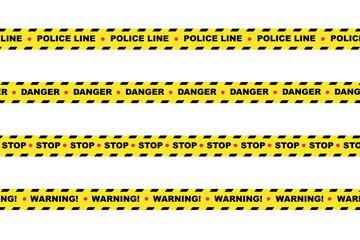 Yellow police tape with danger, stop, and warning signs, emergency situation, restricted access concept icon