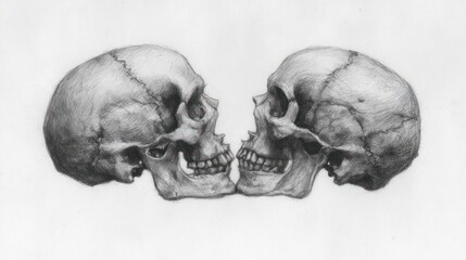 Two skulls facing each other, in profile, touching