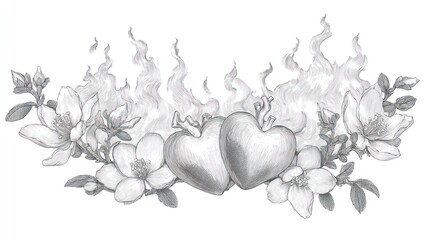Two hearts encircled by floral flames