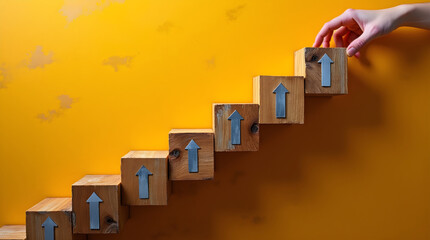 Hand placing final block on ascending wooden steps, representing growth and future development