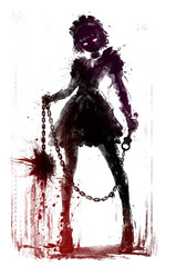 The sinister silhouette of a cute girl with a huge spiked mace on a chain. She is a maid and a bodyguard in a graceful pose ready to rush into battle. 2d sketch in ink with blots