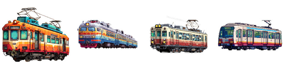 Obraz premium Retro Tram Collection - Vintage Public Transport Illustration on White
