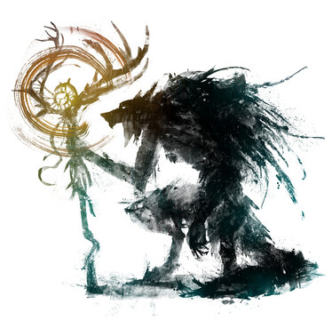 The black silhouette of a werewolf druid, he is a wizard with the body of a wolf, a large staff of deer antlers in a feathered cape on a hunchback. 2d ink art