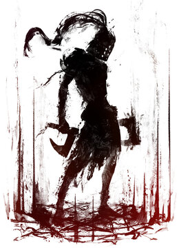 A black blob silhouette of a sinister warrior in a tailed helmet, ragged rags and with two paired axes. He is a summoned demon butcher ready to fight anyone. 2d expressive art sketch