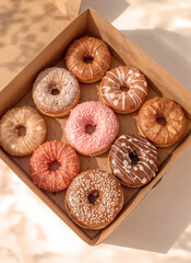 Top-down view of delicious selection of colorful donuts, including pink, chocolate, and glazed, presented in an open box. Ideal for showcasing baked goods, breakfast treats, or confectionery.