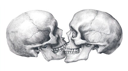 Two skulls in a kissing pose, detailed anatomical drawing