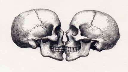 Two kissing skulls, detailed anatomical drawing
