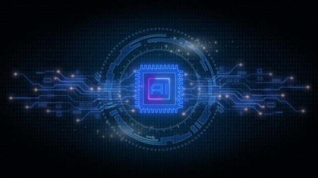 AI Artificial intelligence machine learning concept, big data, innovation technology, cloud computing, futuristic, internet network. Animation of AI chip icon on binary code random background.