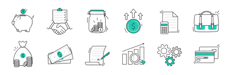 Money finance business doodle hand drawn icon set.