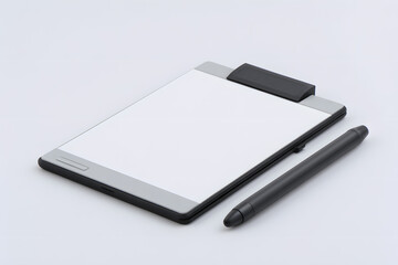 Reusable e-ink notepad with smart pen on minimal white background. Eco-friendly digital writing pad.
