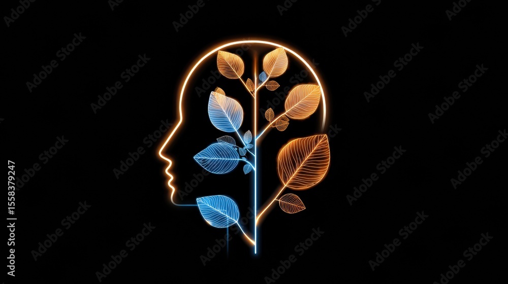 Aufkleber Glowing Mind Icon With Leaves Symbolizing Recovery and Growth in a Serene Environment for Mental Wellness