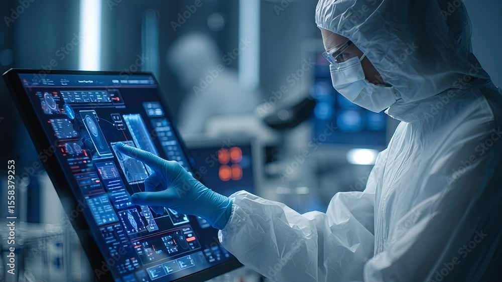 Poster scientist analyzing data on a touchscreen in a high-tech laboratory