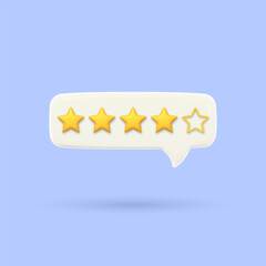 3D speech bubble with four gold rating stars. Visualization of good service quality assessment. Volumetric chat messages Render of voting, rating or survey on the product. Customer feedback