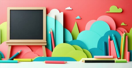 Fototapeta premium Colorful papercraft scene. Blackboard, pencils, cityscape backdrop. Bright hues, playful design, simple shapes, creative presentation.