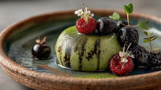 Panna cotta de matcha con frutos rojos y flores comestibles en plato r&uacute;stico, fotograf&iacute;a gastron&oacute;mica macro, Postre gourmet de t&eacute; verde: domo cremoso de matcha con cerezas negras y frambuesas