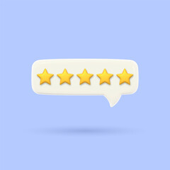 3D speech bubble with five gold rating stars. Visualizing the assessment of excellent service quality.Render of voting, rating or survey on the product. Customer feedback. Volumetric chat messages