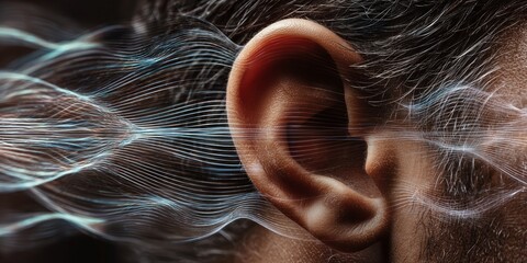 A close-up of an ear surrounded by flowing blue energy lines, implying hearing , creating a mystical and futuristic effect, themes senses of perception.