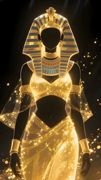 Traditional Female Costume Series : Kalasiris Dress from Egypt, an illustration with dark background and golden light particles outline 003