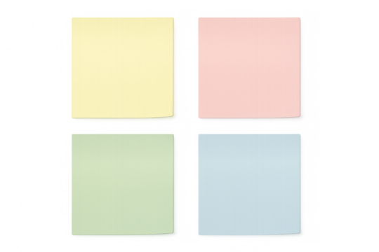 Four blank sticky notes in pastel yellow, pink, green, and blue are ready for your message on a transparent background