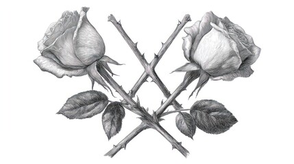 Two crossed roses in grayscale