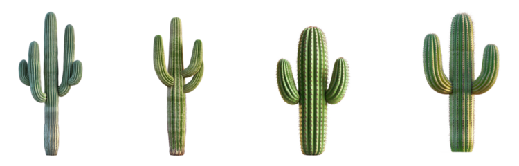 Collection of saguaro cacti, isolated on a transparent background