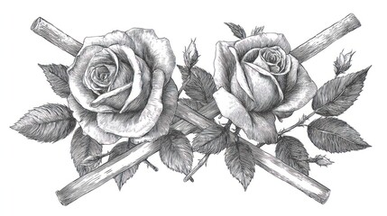 Two roses, detailed grayscale drawing, crossed stems