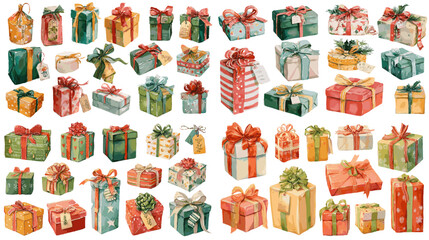 Beautiful watercolor gift box set in festive colors with bows and ribbons. Perfect for holiday cards, packaging, birthdays, and celebration-themed designs.

