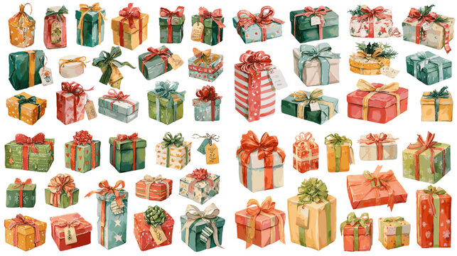 Beautiful watercolor gift box set in festive colors with bows and ribbons. Perfect for holiday cards, packaging, birthdays, and celebration-themed designs.