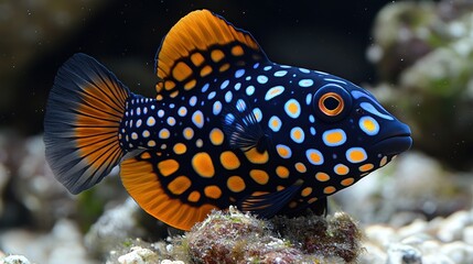 Vibrant, spotted fish with orange fins rests on rocks in an aquarium.