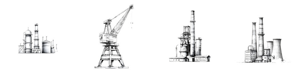 Obraz premium Black and white sketch of industrial buildings: factory, crane, power plant. Hand drawn illustration on a white