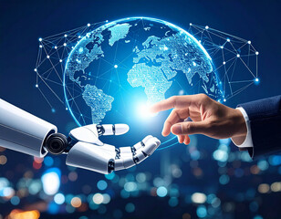 A human hand in a suit sleeve reaches out to touch the open palm of a white robotic hand, with a glowing blue globe showing a networked world map as the background, set against a blurred cityscape. Th