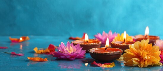 Happy Diwali Lighting diya oil lamps and flowers against a blue backdrop This is a traditional Indian festival of lights Celebrating a religious holiday. with copy space image. High quality