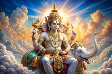 Lord Indra, the Hindu god of thunder and rain, seated regally on his white elephant Airavata.