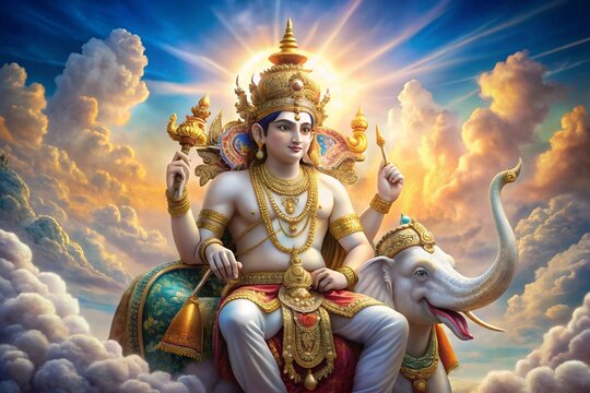 Lord Indra, the Hindu god of thunder and rain, seated regally on his white elephant Airavata.