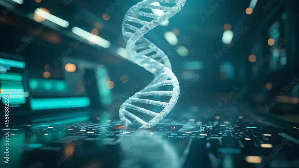 Poster abstract representation of dna helix structure on a digital interface with neon