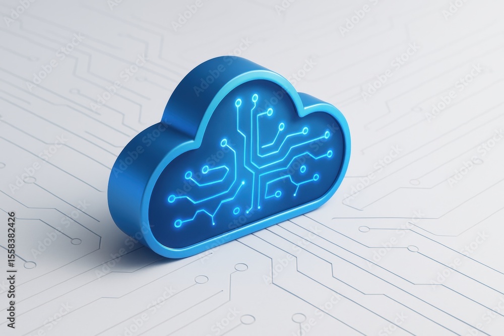 Fototapete Cloud Computing Icon: A sleek, blue 3D rendering of a cloud icon filled with intricate circuit patterns, symbolizing modern cloud computing technology.