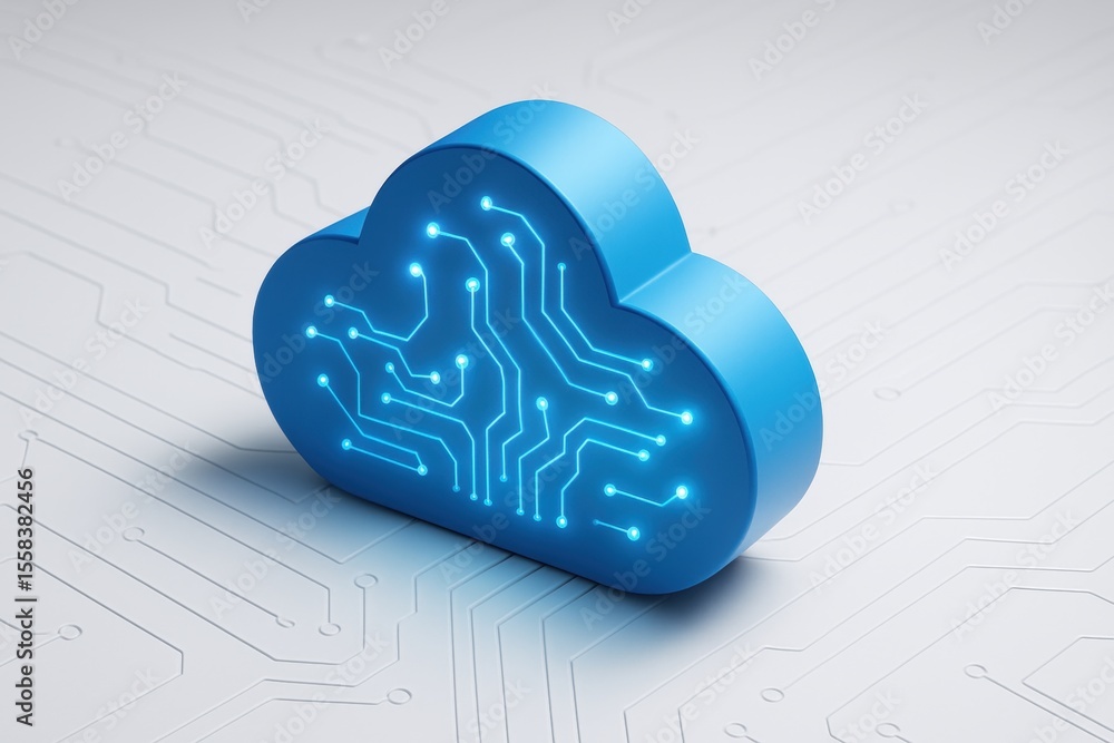 Aufkleber digital cloud computing: a striking 3d rendering of a vibrant blue cloud, adorned with glowing circu